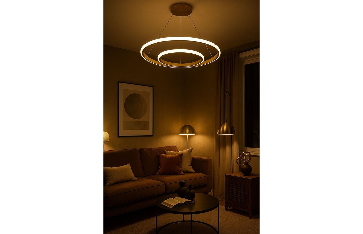 Suspension doré ou noir, 2 anneaux, LED intégrée